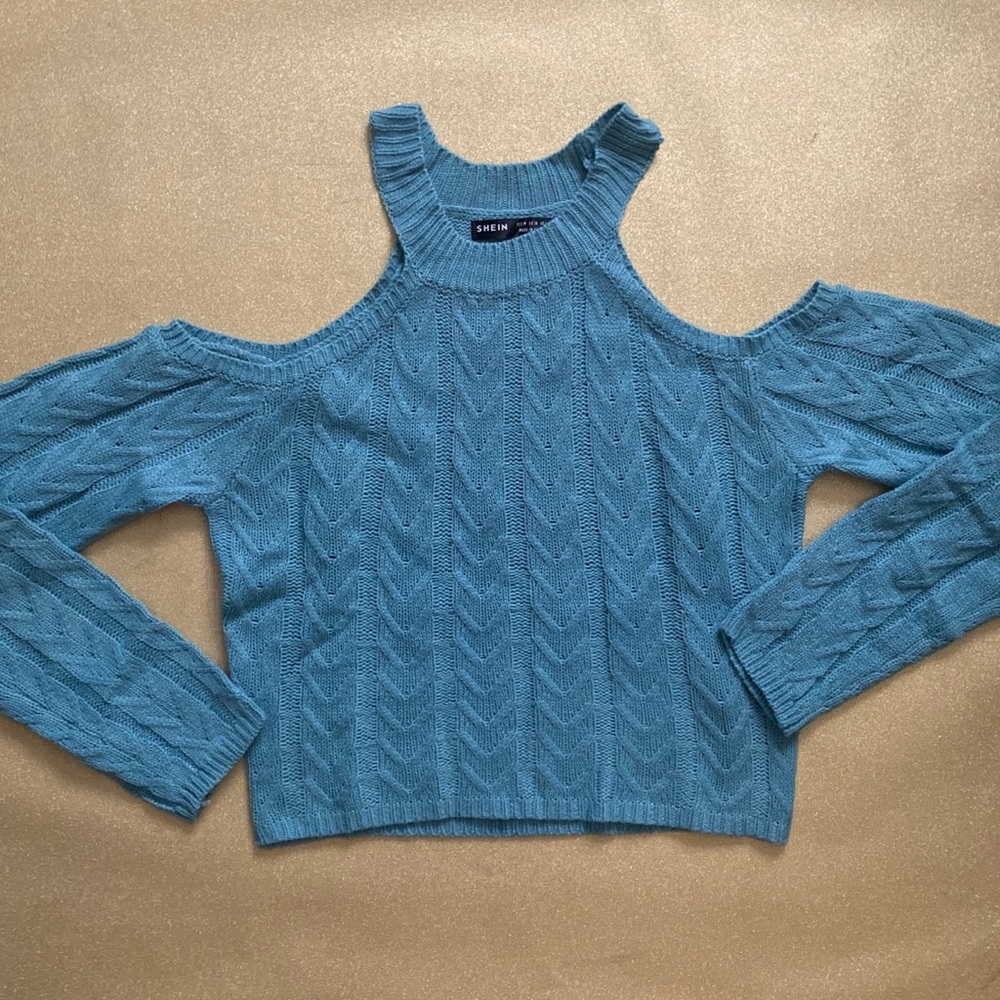 Blue Open-Shoulder Knit Cropped Sweater